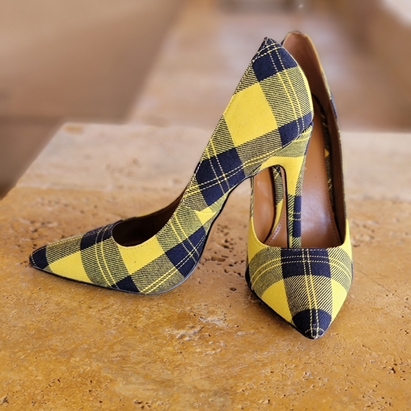 Shoes - Women's Yellow Plaid Pointed Toe Stiletto Pumps High Heels